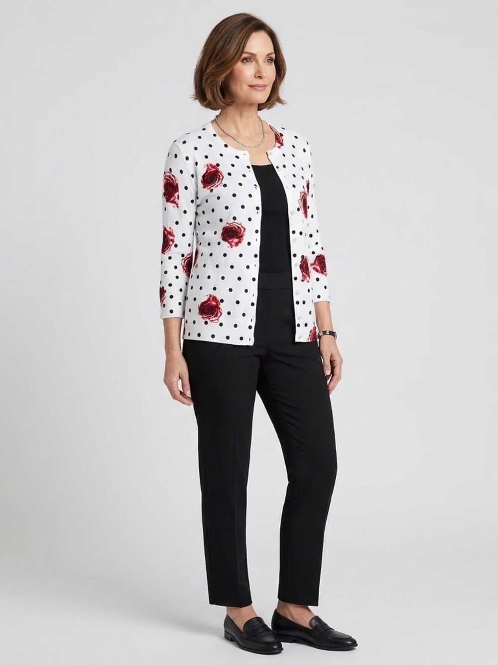 Cable & Gauge White Polka Dot Cardigan with Red Rose Print